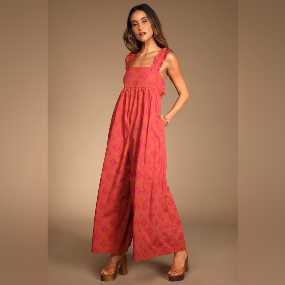 Free People Katya Rusty Rose Print Ruffled Tie Back Jumpsuit Size Small